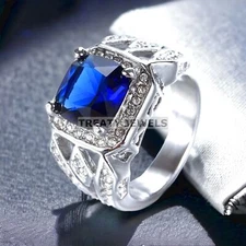 Blue Sapphire Cushion Cut Gemstone With 925 Sterling Silver Ring For Men's #280