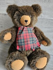 Vtg Brown Jointed Teddy Bear Plush 14" Sitting Red Plaid Scarf Felt Paws