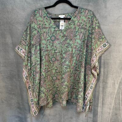 J Jill Top Womens S/L Green Floral Garden Garment Poncho Lightweight Boho Spring