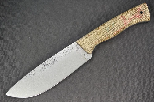 Fiddleback Forge Camp Knife by Andy Roy .20" A2 Tumbled Blade Full Burlap Handle
