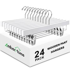 24 Pack White Wooden Pants Hangers with Clips Wood Skirt Hangers Trouser Hang...