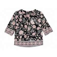 Lucky Brand Women's Floral Border Print Peasant Blouse 3/4 Sleeve Black Pink 1X