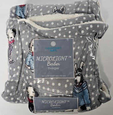 Micro Light Berber Throw New Grey & White Dots Dog Print 50 x 60 in. Comfort Bay