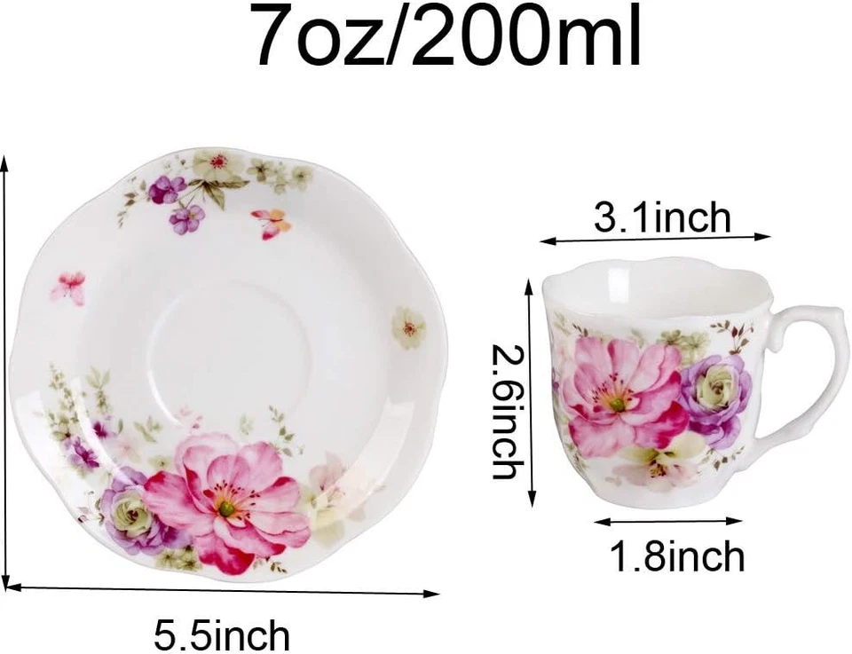 Juego de té de 12 piezas -7 oz nuevas tazas y platillos de té de porcelana de hueso con patrón de flores rosas Foto 3 de 4