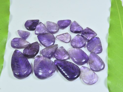 148Cts. Natural Amethyst Leaf Carving Pear Cabochon Loose Gemstone 22Pcs Lot C34 - Picture 2 of 9