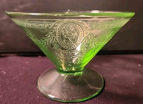 Vintage Federal Glass "Rose Cameo" Pattern Green Uranium Footed Sherbet