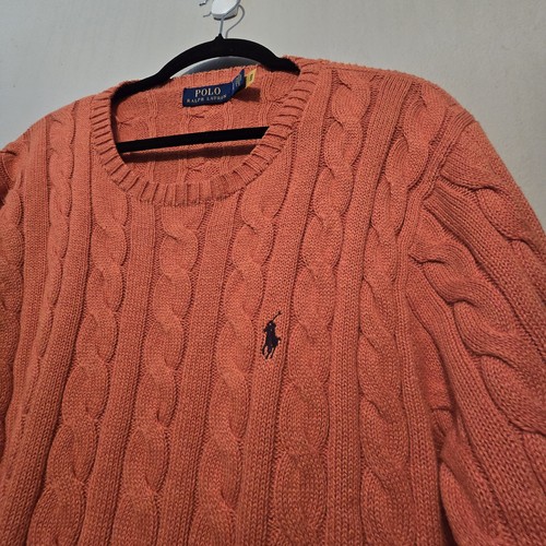 Polo Ralph Lauren Cable Knit Sweater Mens LG Orange Crew 100% Cotton Pony Preppy - Picture 3 of 13