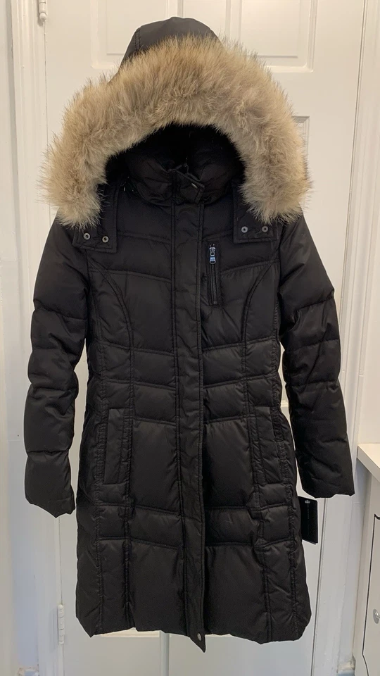 Abrigo de Plumón Marc New York Pequeño Negro Piel Real Capucha Chaqueta Larga Puffer S Foto 3 de 4