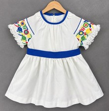 Vintage 1970s Girls Dress Size 5 Embroidered Folk Prairie Lace Sears White Blue