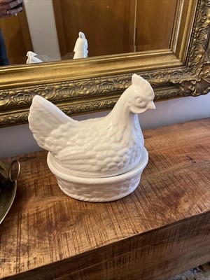 Vintage White Ceramic Egg holder Hen on Nest Pottery Chicken Storage