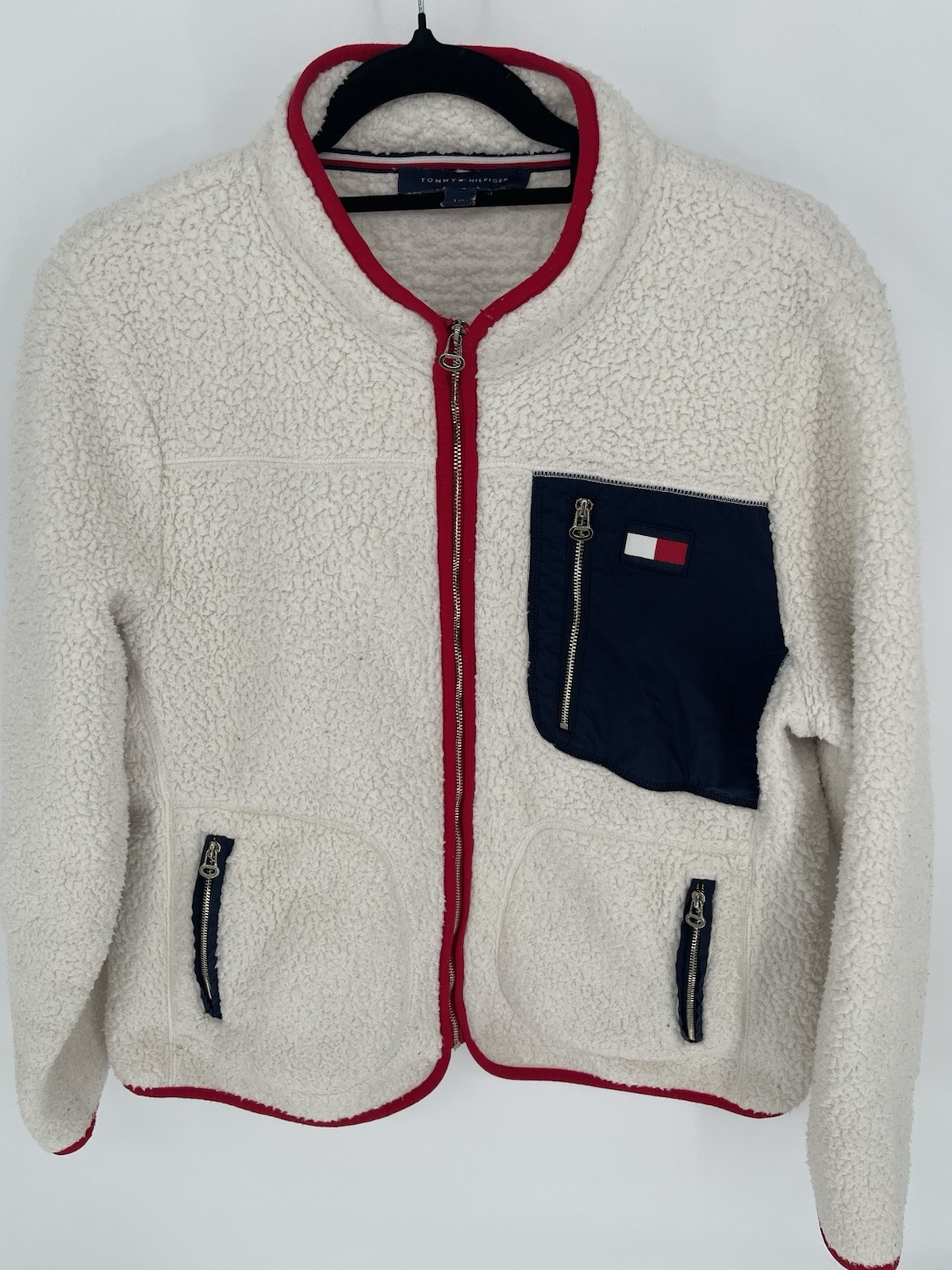 Tommy Hilfiger Women's Size L Essential Sherpa Zip Jacket Pockets Color Block
