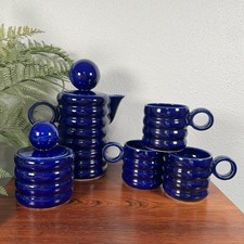 Vintage Indigo Blue Ceramic Tea Set W/ Teapot, 3 Cups, And Sugar Bowl