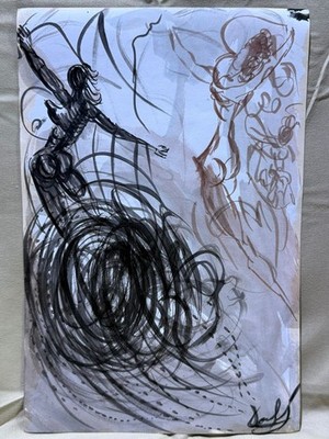 SALVADOR DALI drawing and painting on old paper signed stamped vintage