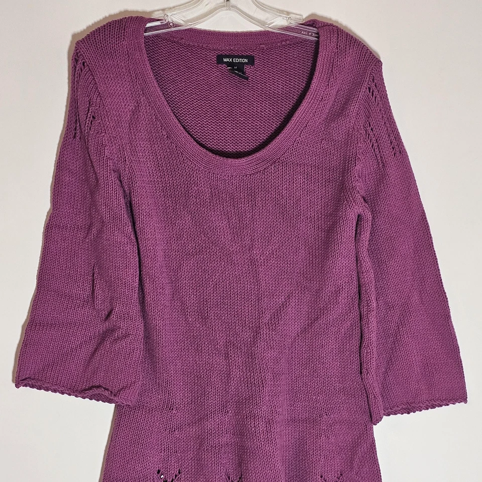 Max Edition 毛衣连衣裙女式中号紫色孔眼喇叭 90 年代 Y2K 舒适柔软 M — 第 2/4 张图片