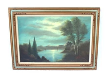 Vintage Moonlit Lakeside Mountain Landscape Oil on Canvas  Signed L. Raven