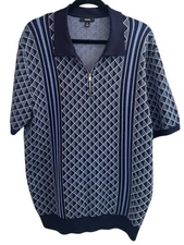 Reiss Half-Zip Diamond Stitch Polo Shirt in Navy  Size XL