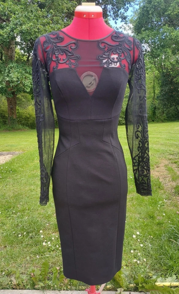 Karen Millen Robe cocktail noire dentelle brodée transparente bodycon T36 UK8 Ne - Photo 2/4