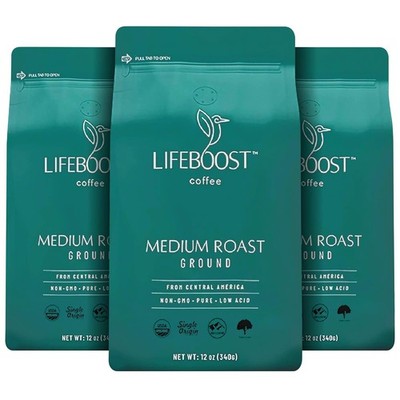 Lifeboost Coffee 3 Pack Medium Roast Ground Coffee - Low Acid Single Origin US