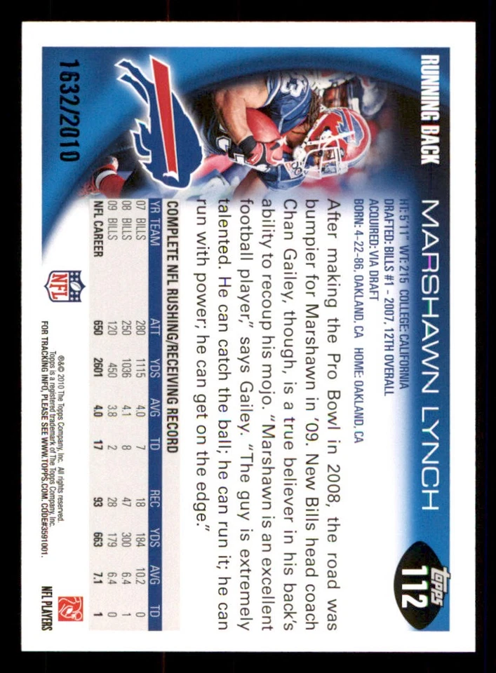 2010 Topps Gold #112 Marshawn Lynch /2010 - Image 2 of 2