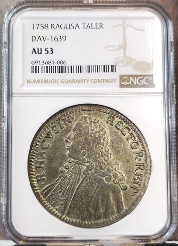 1758 RAGUSA CROATIA SILVER 1 TALER NGC AU 53 GREAT LOOKING EXTREMELY RARE COIN