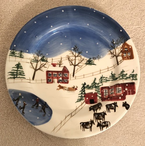 Bath & Body Works 1998 Handcrafted Winter Holiday Plate, Farm/Cows/Skating 8.25" - 第 1/23 張圖片