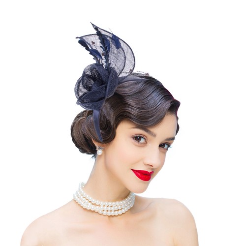 Women Navy Blue Sinamay Feather Flower 