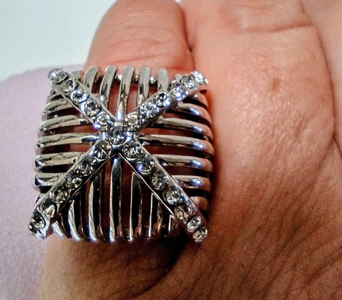 Bold Silver And Rhinestone Statement Ring - image 3