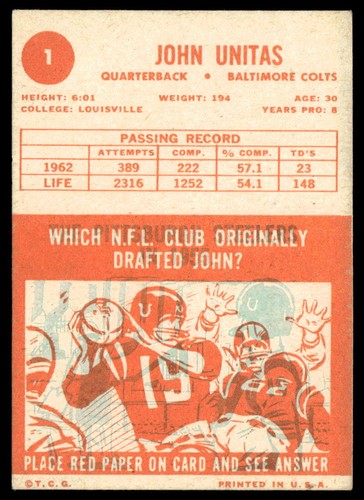 1963 Topps #1 John Unitas Football Baltimore Colts - Picture 2 of 2