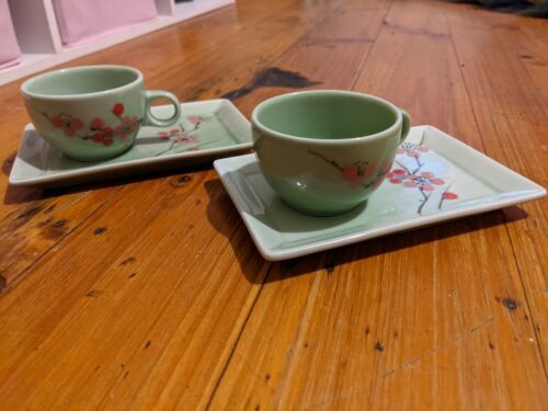 Pair Mint Green Teacup + Rectangular Saucer Chinese Flower Reds Pinks Blossoms - Picture 1 of 7