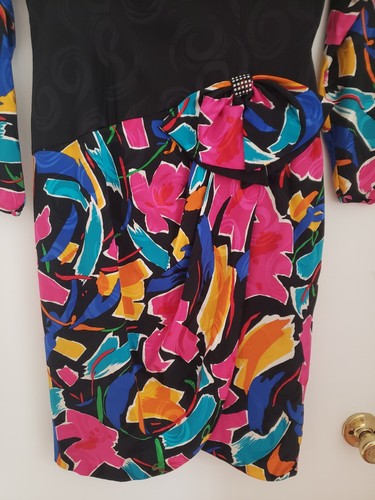 AJ BARI Silk Dress VTG 80s Art To Wear Cocktail Abstract Floral Surplice - Picture 11 of 16