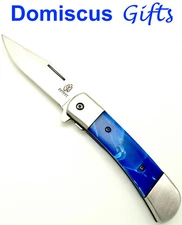 8" NEW! Buckshot POCKET KNIFE Knives BLUE Marble Handle SPRING Assisted Sport 