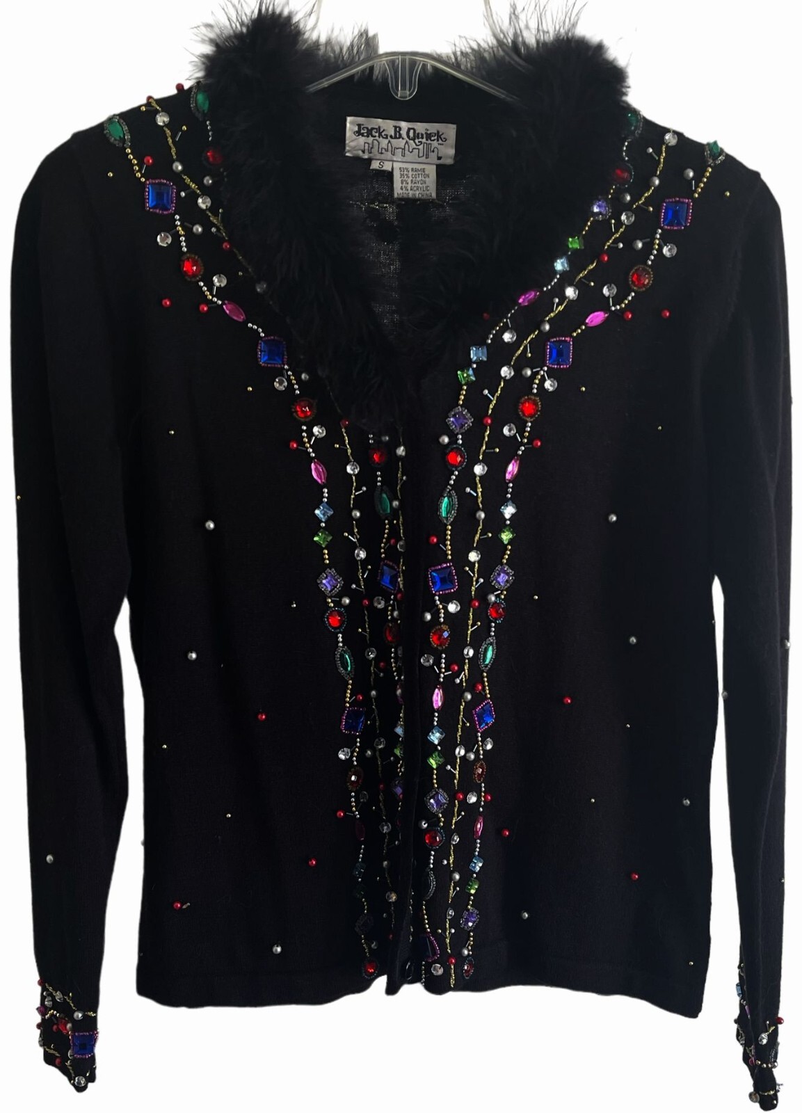 Jack B Quick Womens Holiday Cardigan Sweater Black Beaded Fur Christmas Sz  Small | eBay