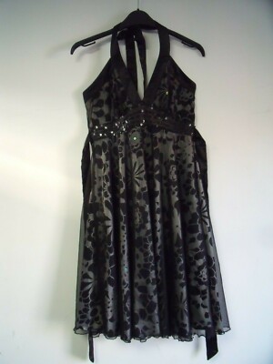 Bay Mesh Satin Lagenlook Neckholder Skater Kleid Schwarz Gr UK 8 DH191 BB 09