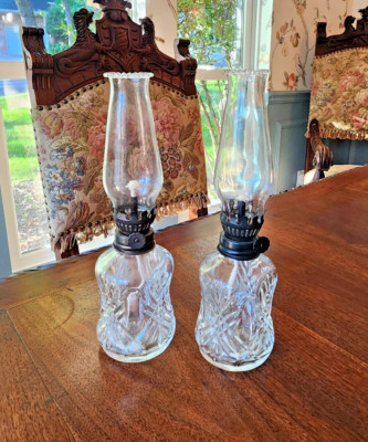 TWO Vintage Lamplight Farms Glass Chimney Oil Lamps 9  Tall Austria