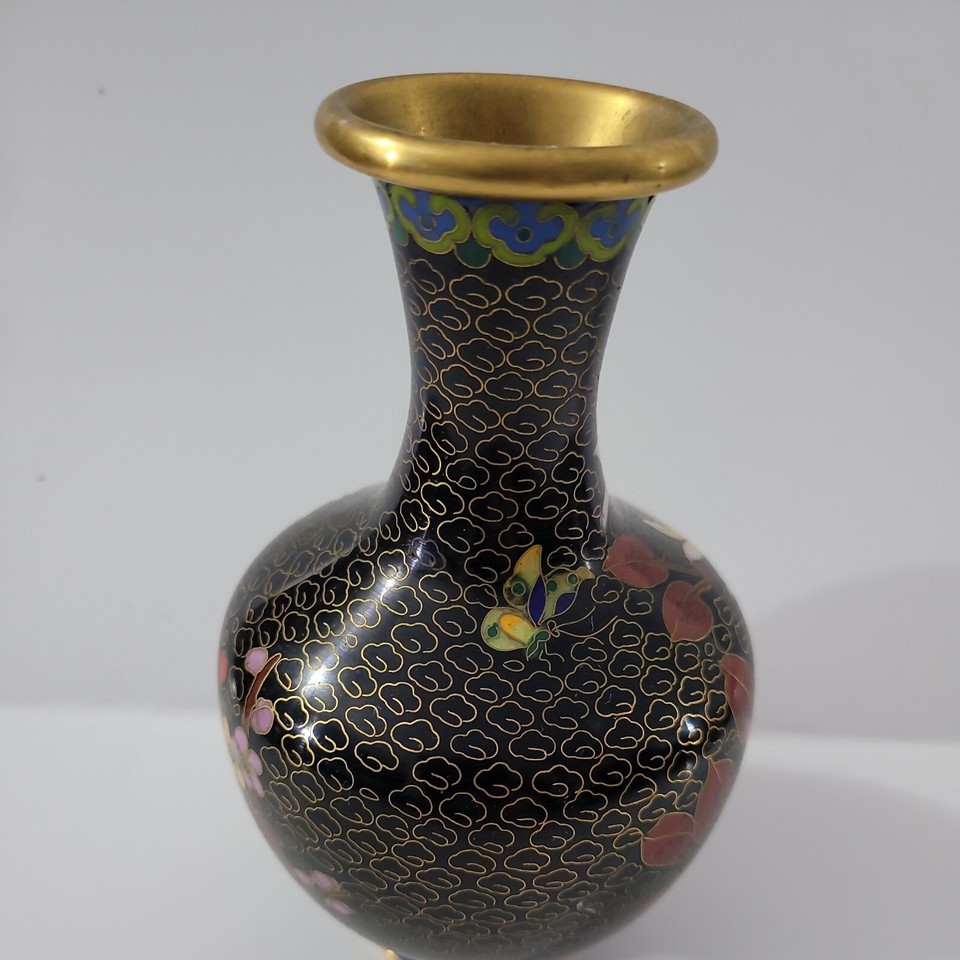 Chinese Cloisonné Vase Black Flower Blue Green Yellow Gold Copper 6