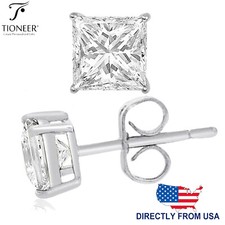 Sterling Silver 925 Square Princess Cubic Zirconia Men Women Ear Stud Earrings