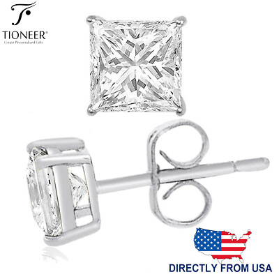 Sterling Silver 925 Square Princess Cubic Zirconia Men Women Ear Stud Earrings