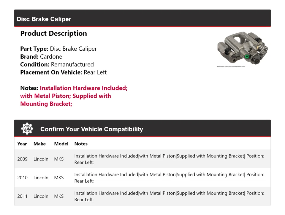 Pinça de freio a disco traseira esquerda Cardone 2010 Lincoln MKS para 2009-2011 - Imagem 2 de 4