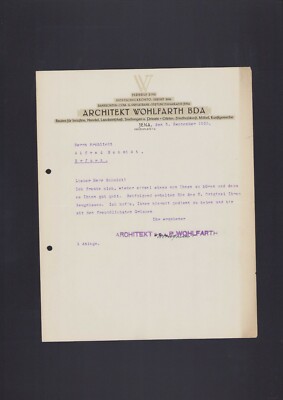 JENA, Brief 1933, Architekt Wohlfarth BDA Bauten für Industrie Landwirtschaft