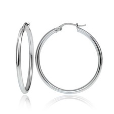 Sterling Silver 2mm High Polished Round Hoop Earrings, 30mm