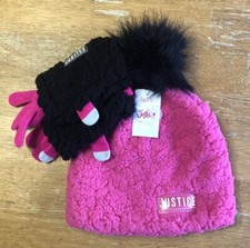 Justice Girls Bright Pink  Black Faux Fur Pom Pom Beanie Hat/Tech Gloves Set