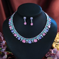 Charming Purple Pink CZ Oval Tennis Necklace Earring Jewelry Set for Women Party