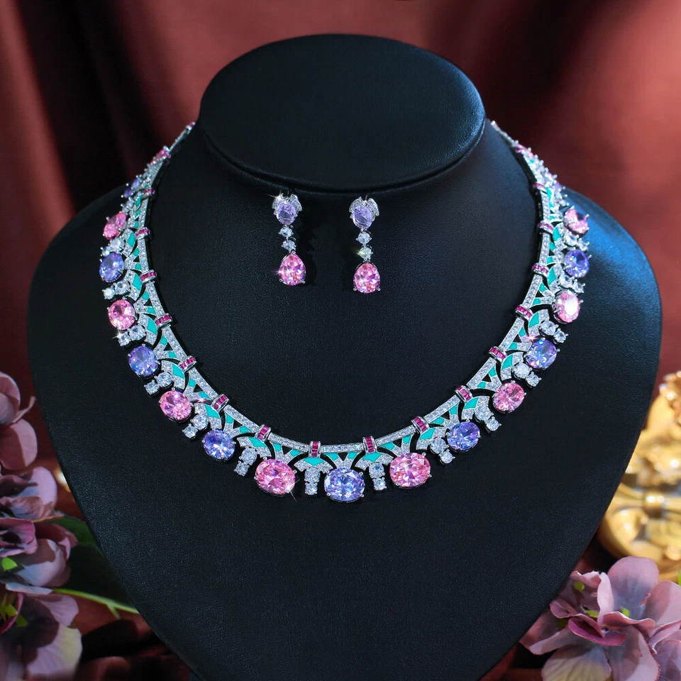 Charmantes lila rosa CZ oval Tennis Halskette Ohrring Schmuck Set für Frauen Party