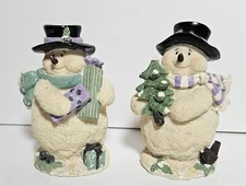 Young's Inc. Lot of 2 Vintage Glittered Snowmen Holding Presents & Tree 5" Tall