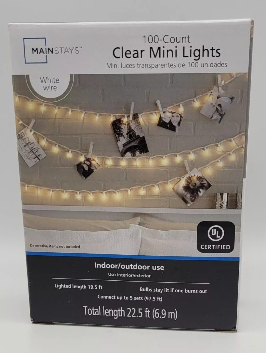 100 Count Clear Mini Lights Mainstays White Wire Indoor Outdoor 19.5 feet