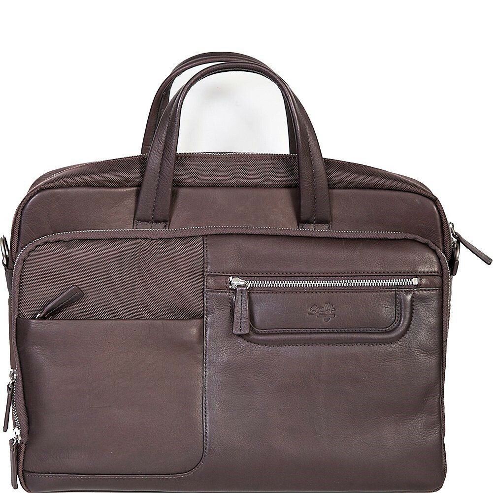 SCULLY NYLON LEATHER LAPTOP BRIEFCASE WORK BAG WITH STRAP BROWN