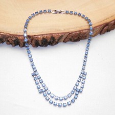 Vintage 50s Scalloped Sky Blue Rhinestone Bib Necklace Mid Century Beautiful