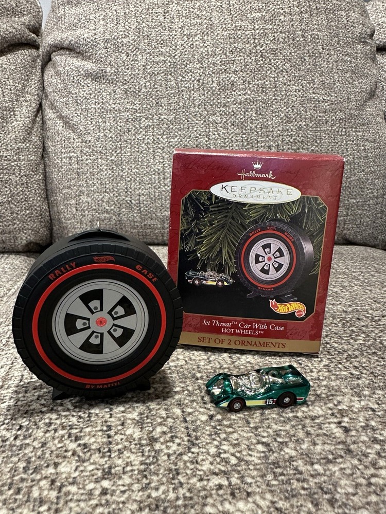 Hallmark Ornament 1999 Mattel Hot Wheels Jet Threat Car w Case 2 Ornament Set