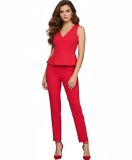 NWT BCBG MaxAzria Cerys in Lipstick Red Crepe Slim Leg Peplum Jumpsuit 4 x 31