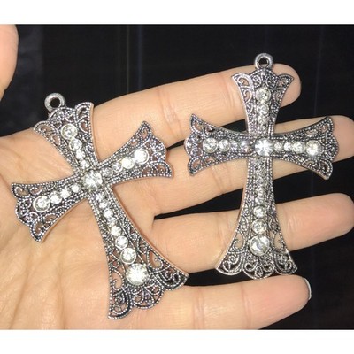 5 pcs! 2-7/8'' Silver Clear Rhinestone Crystal Bridal Rosary Cross Pendant Charm